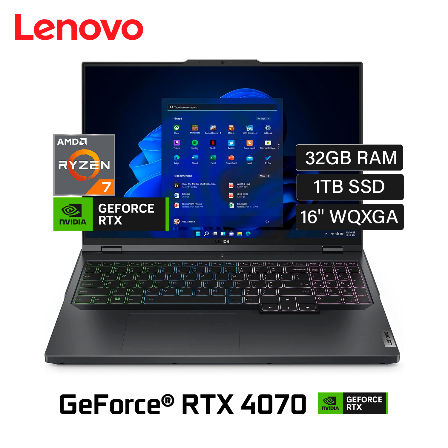 Laptop Lenovo Legion Pro 5 16ARX8 AMD Ryzen 7 7745HX Ram 32GB Disco 1TB SSD Video Nvidia RTX 4070 8GB 16" WQXGA Windows 11 (82WM009LLM)